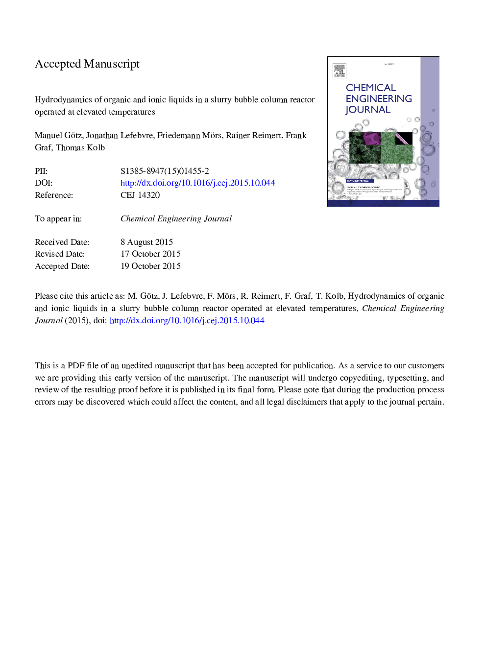 Hydrodynamics of organic and ionic liquids in a slurry bubble column reactor operated at elevated temperatures