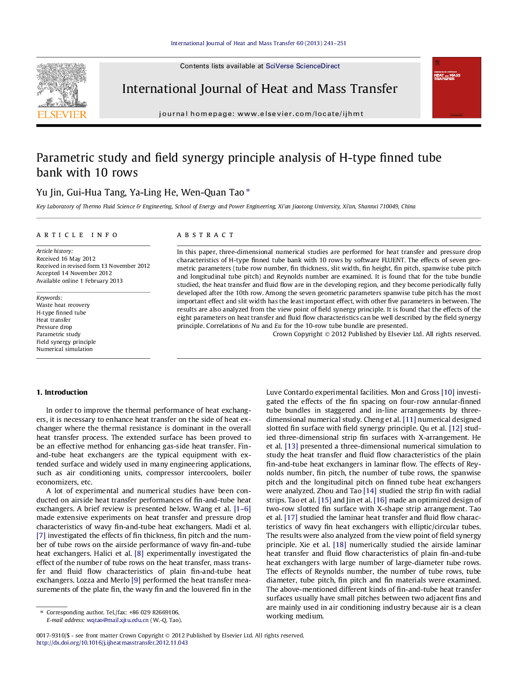 Parametric study and field synergy principle analysis of H-type finned tube bank with 10 rows