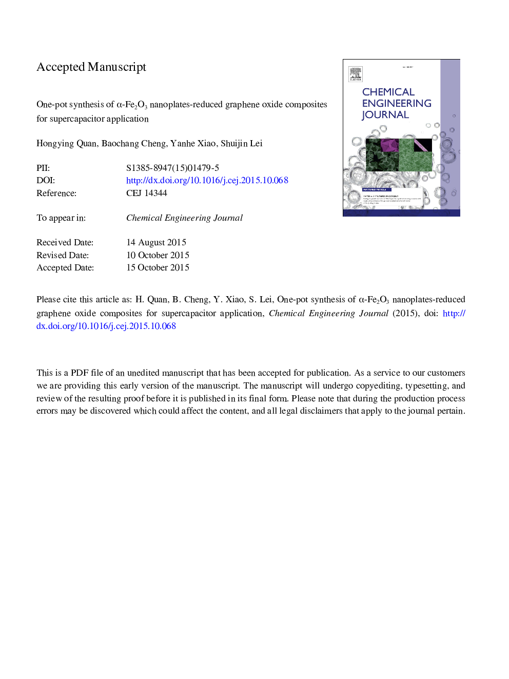 عکس صفحه اول مقاله: One-pot synthesis of α-Fe2O3 nanoplates-reduced graphene oxide composites for supercapacitor application One-pot synthesis of α-Fe2O3 nanoplates-reduced graphene oxide composites for supercapacitor application