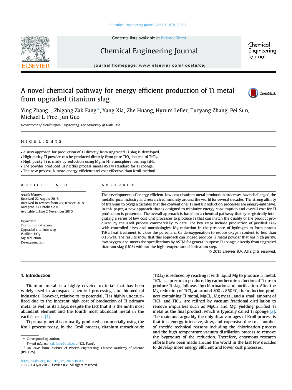 A novel chemical pathway for energy efficient production of Ti metal from upgraded titanium slag