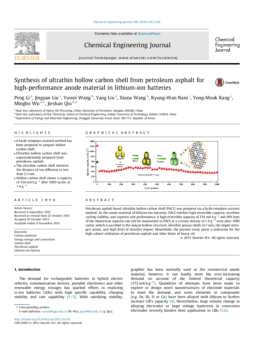 Synthesis of ultrathin hollow carbon shell from petroleum asphalt for high-performance anode material in lithium-ion batteries