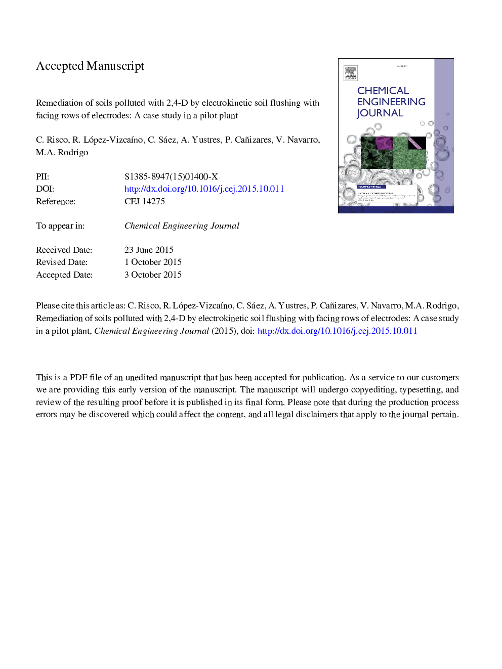 Remediation of soils polluted with 2,4-D by electrokinetic soil flushing with facing rows of electrodes: A case study in a pilot plant