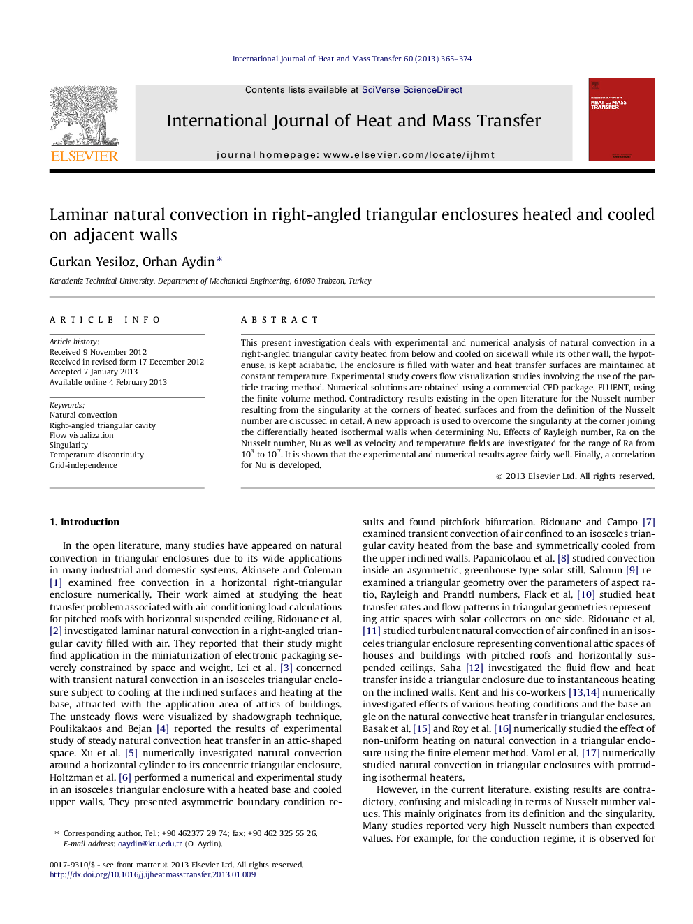 Laminar natural convection in right-angled triangular enclosures heated and cooled on adjacent walls