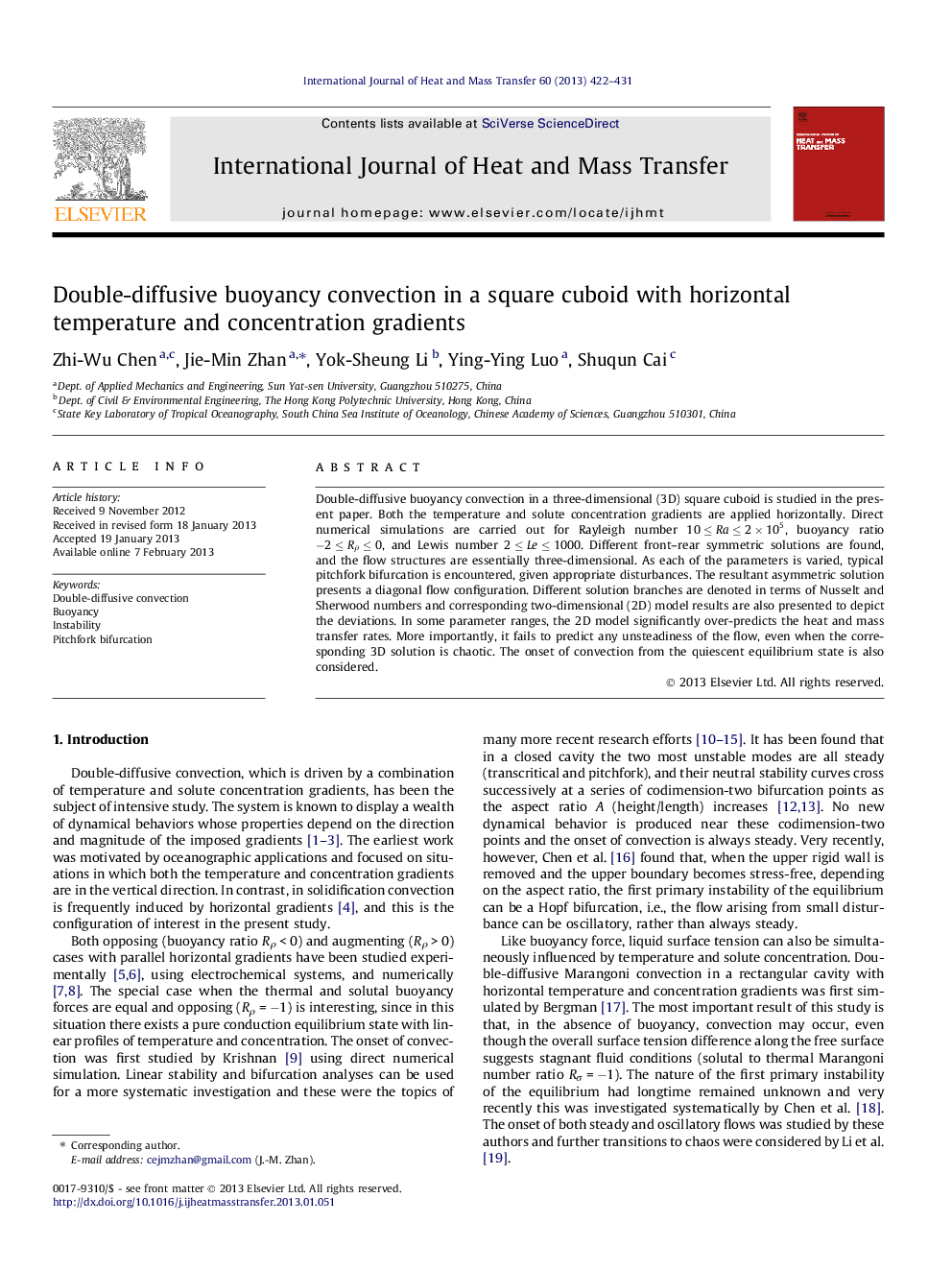 Double-diffusive buoyancy convection in a square cuboid with horizontal temperature and concentration gradients