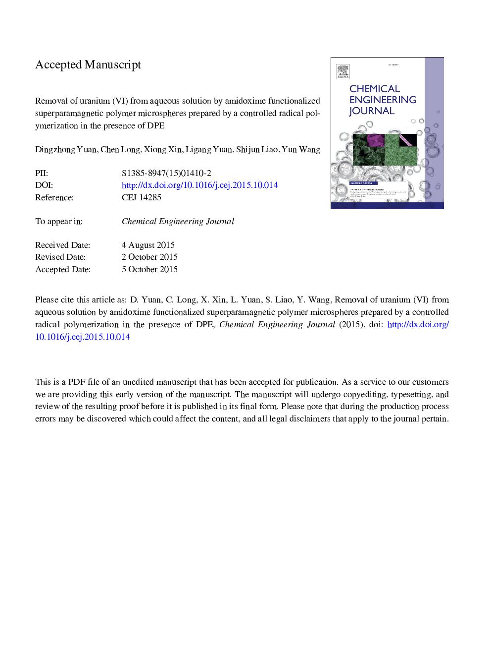 Removal of uranium (VI) from aqueous solution by amidoxime functionalized superparamagnetic polymer microspheres prepared by a controlled radical polymerization in the presence of DPE