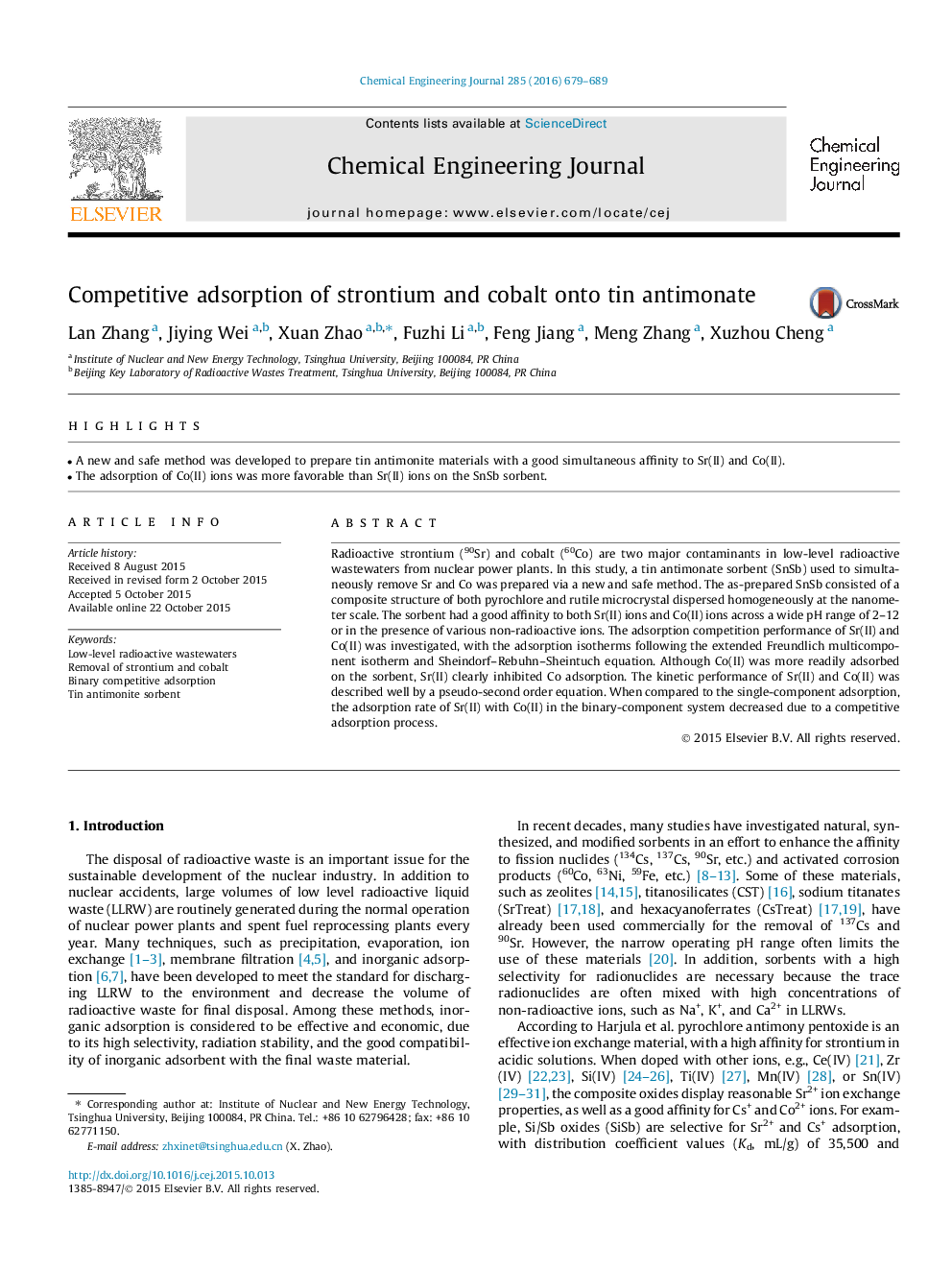 Competitive adsorption of strontium and cobalt onto tin antimonate