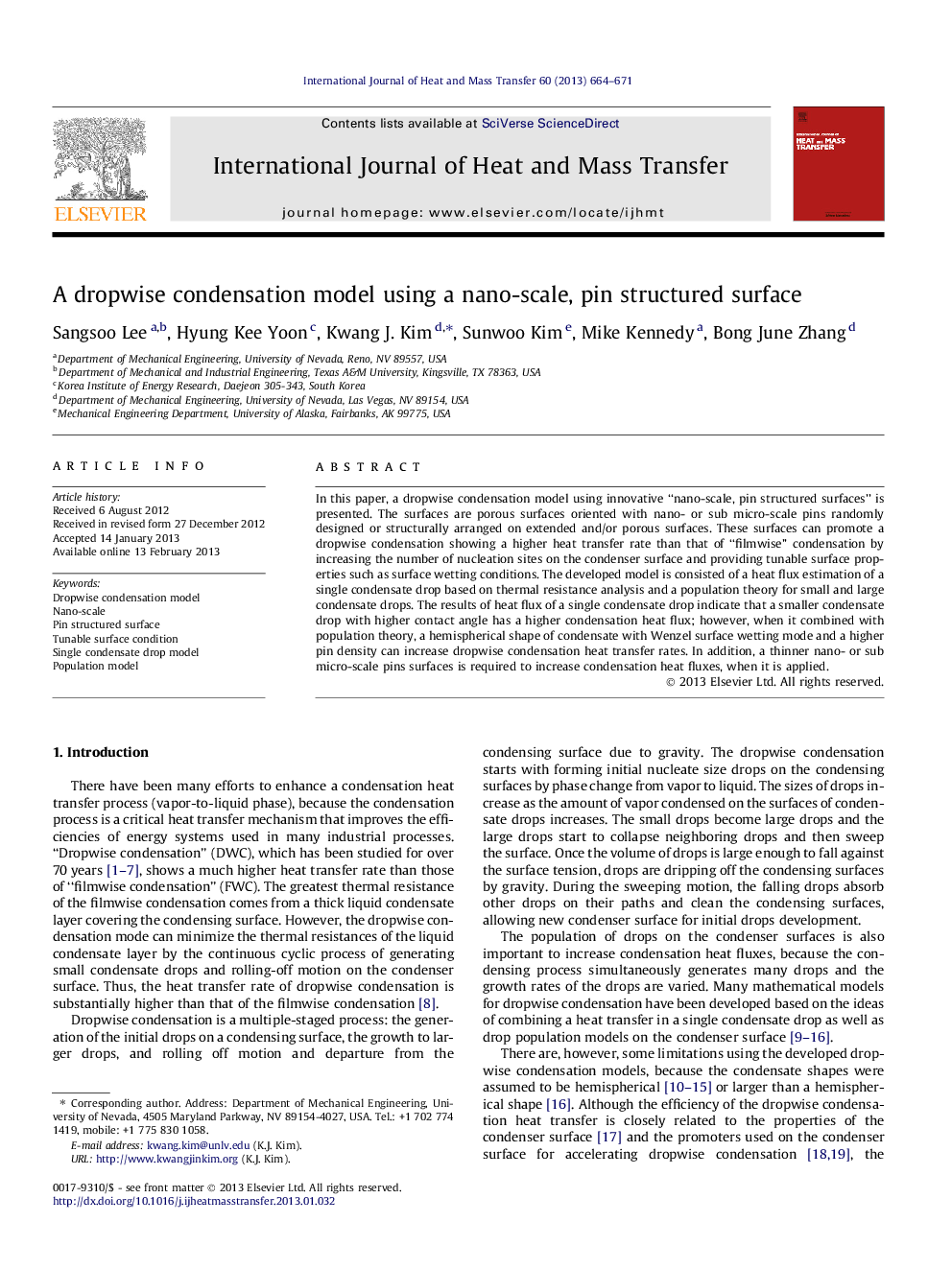 A dropwise condensation model using a nano-scale, pin structured surface