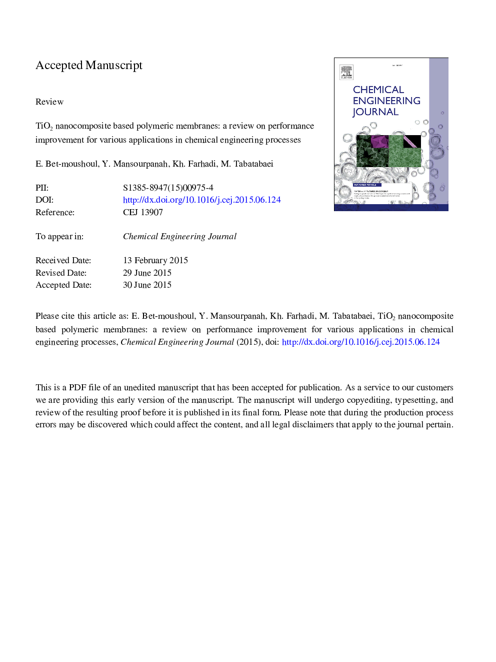 TiO2 nanocomposite based polymeric membranes: A review on performance improvement for various applications in chemical engineering processes