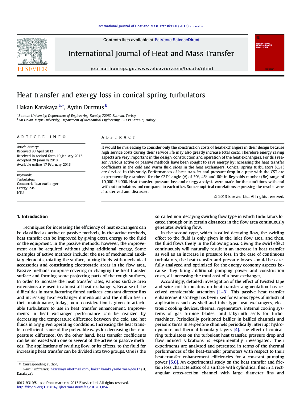 عکس صفحه اول مقاله: Heat transfer and exergy loss in conical spring turbulators Heat transfer and exergy loss in conical spring turbulators