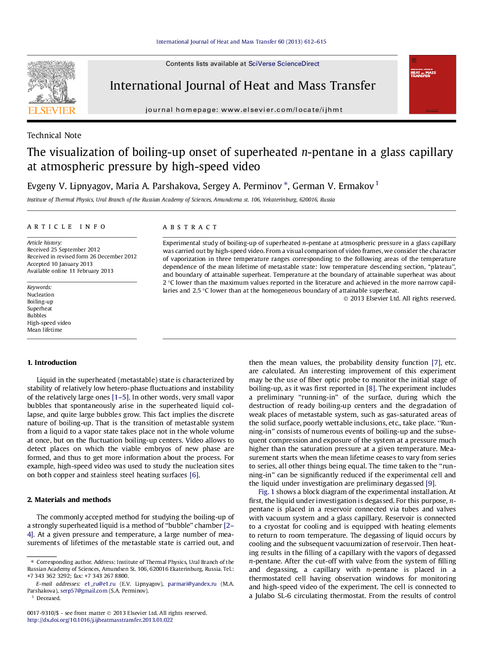 The visualization of boiling-up onset of superheated n-pentane in a glass capillary at atmospheric pressure by high-speed video