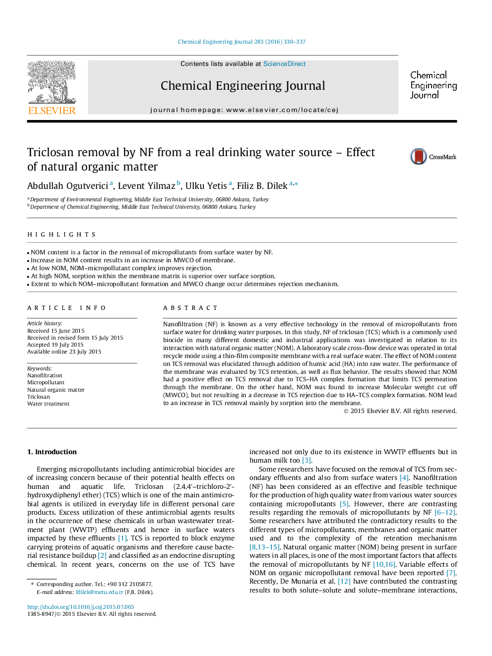 Triclosan removal by NF from a real drinking water source - Effect of natural organic matter