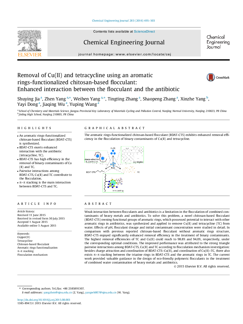 Removal of Cu(II) and tetracycline using an aromatic rings-functionalized chitosan-based flocculant: Enhanced interaction between the flocculant and the antibiotic