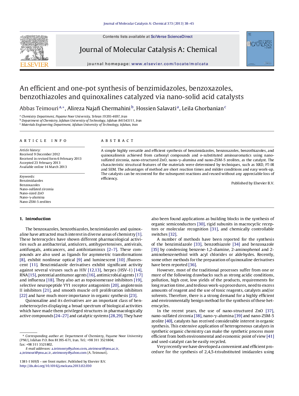 An efficient and one-pot synthesis of benzimidazoles, benzoxazoles, benzothiazoles and quinoxalines catalyzed via nano-solid acid catalysts