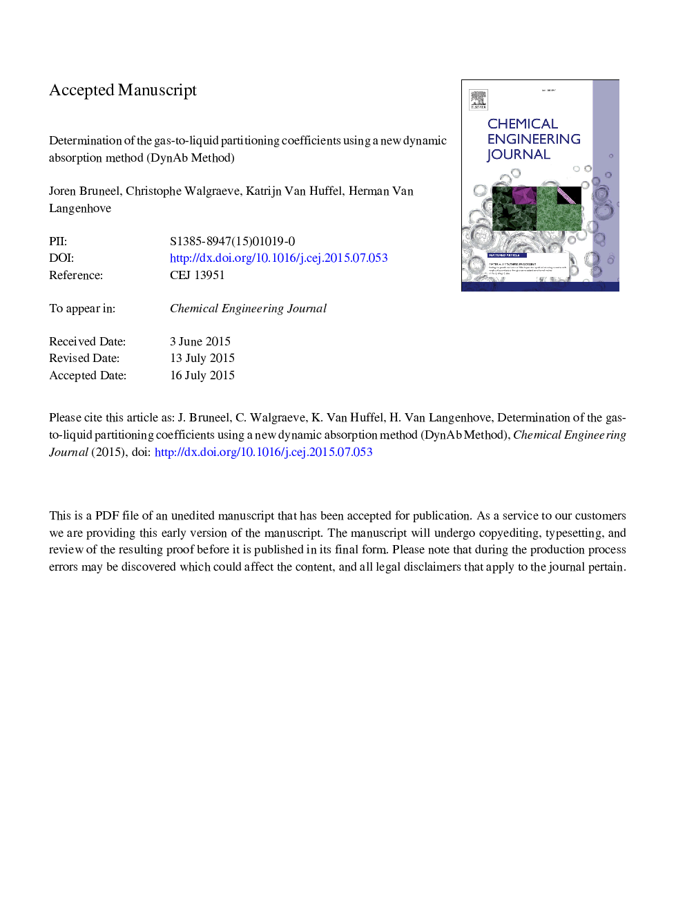 Determination of the gas-to-liquid partitioning coefficients using a new dynamic absorption method (DynAb method)