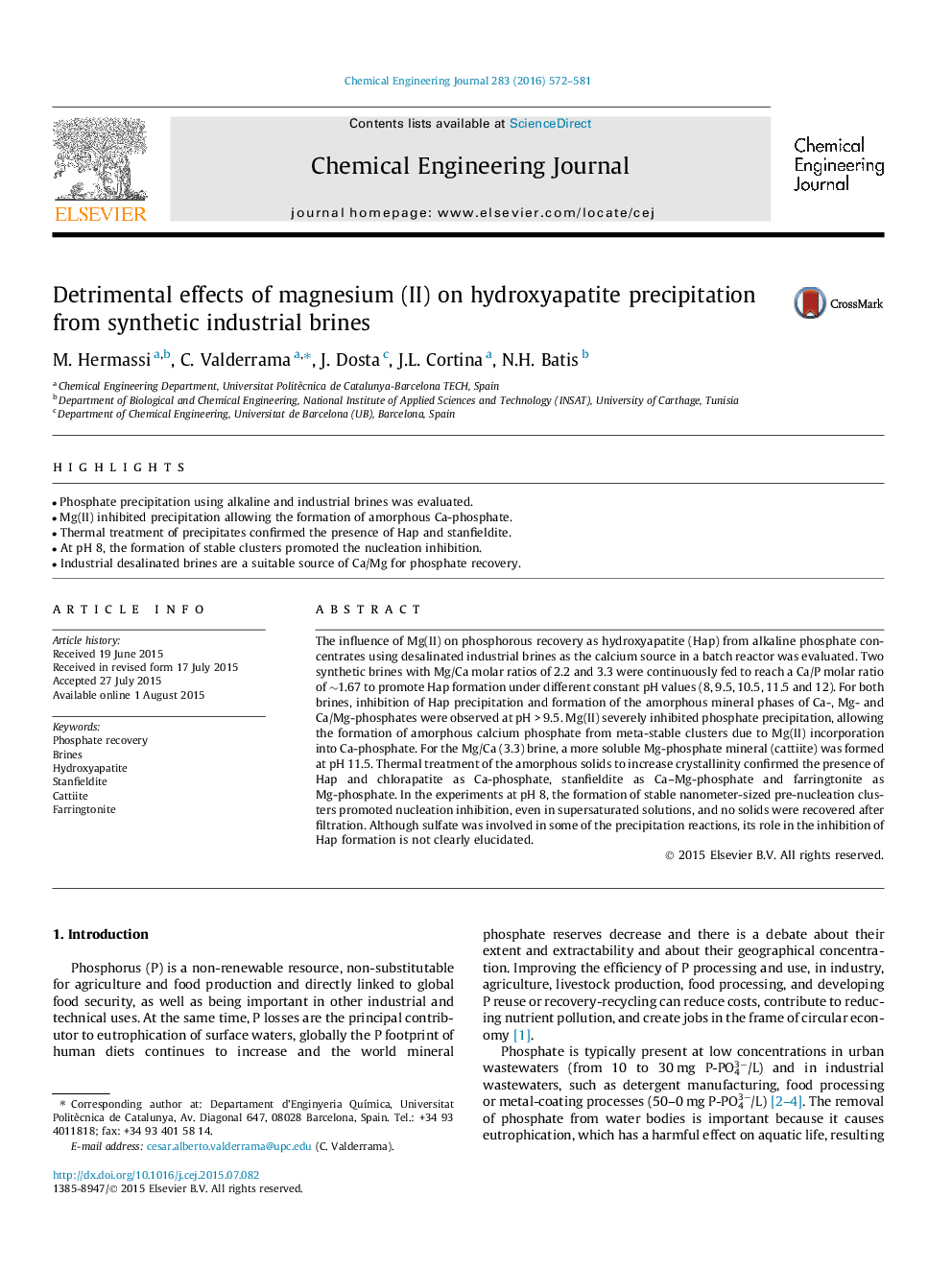 Detrimental effects of magnesium (II) on hydroxyapatite precipitation from synthetic industrial brines