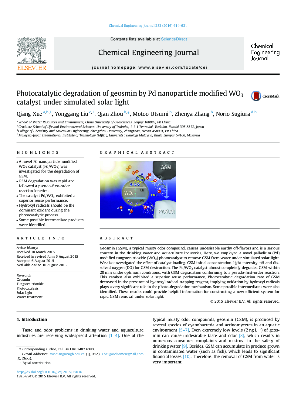 Photocatalytic degradation of geosmin by Pd nanoparticle modified WO3 catalyst under simulated solar light