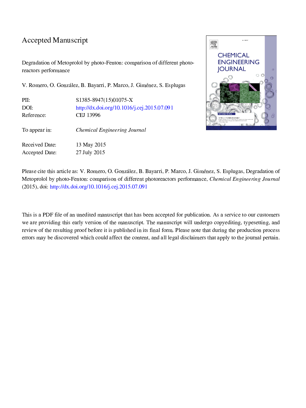 Degradation of Metoprolol by photo-Fenton: Comparison of different photoreactors performance