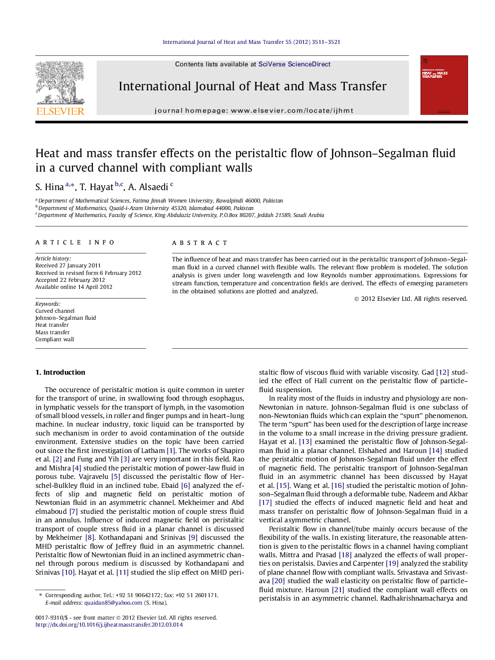 Heat and mass transfer effects on the peristaltic flow of Johnson–Segalman fluid in a curved channel with compliant walls