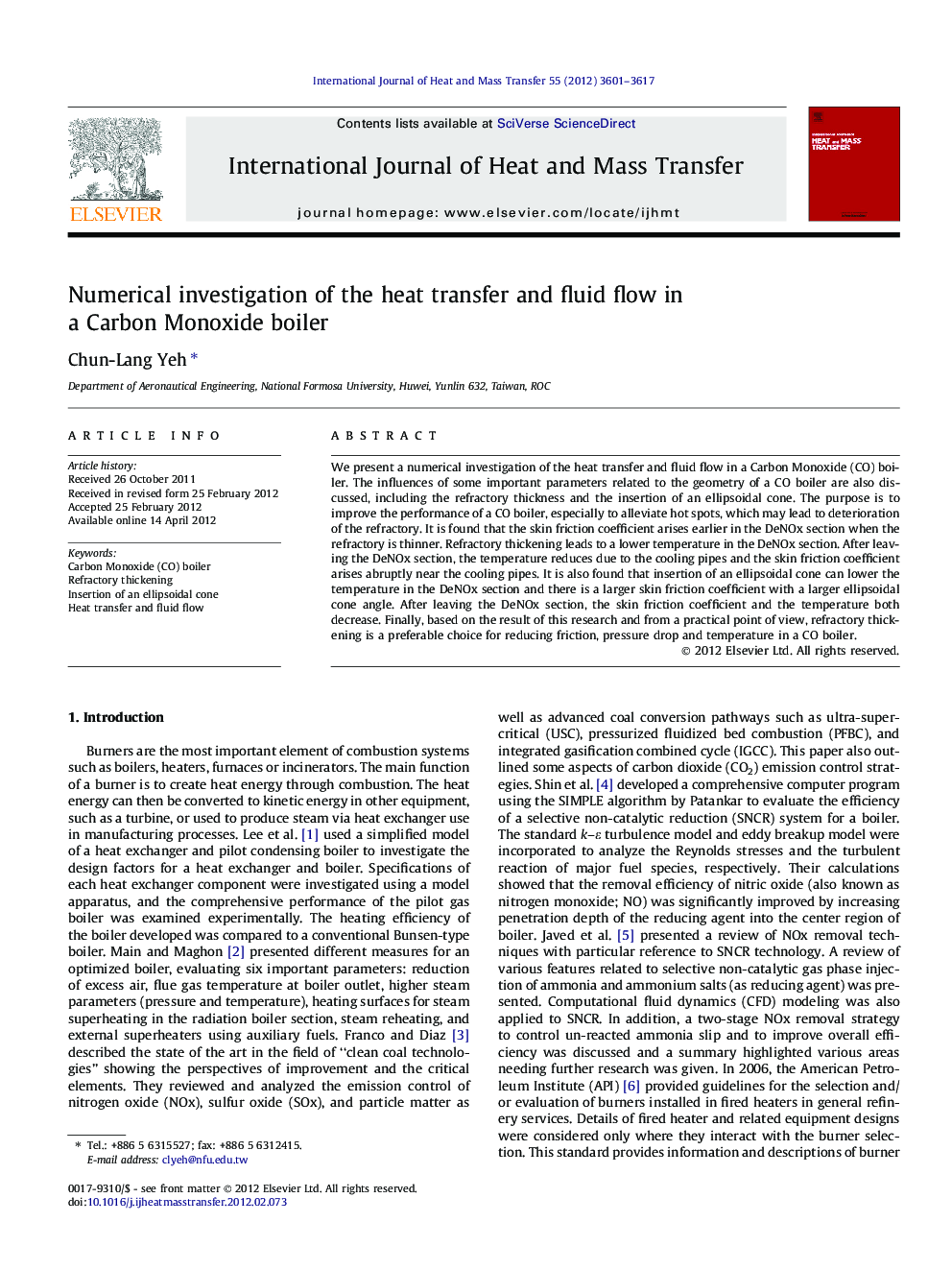 Numerical investigation of the heat transfer and fluid flow in a Carbon Monoxide boiler