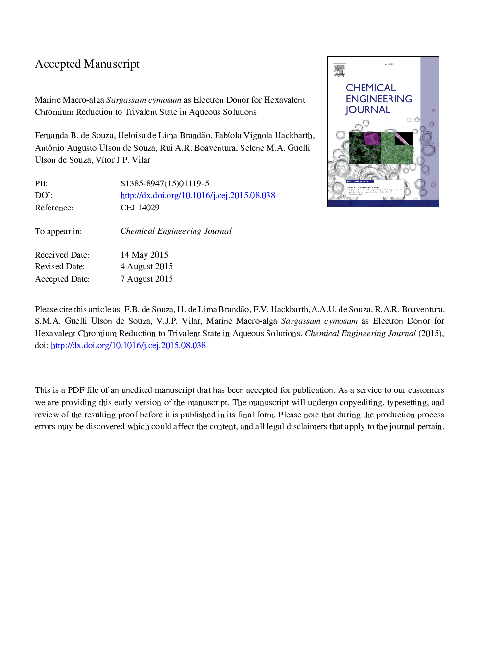 Marine macro-alga Sargassum cymosum as electron donor for hexavalent chromium reduction to trivalent state in aqueous solutions