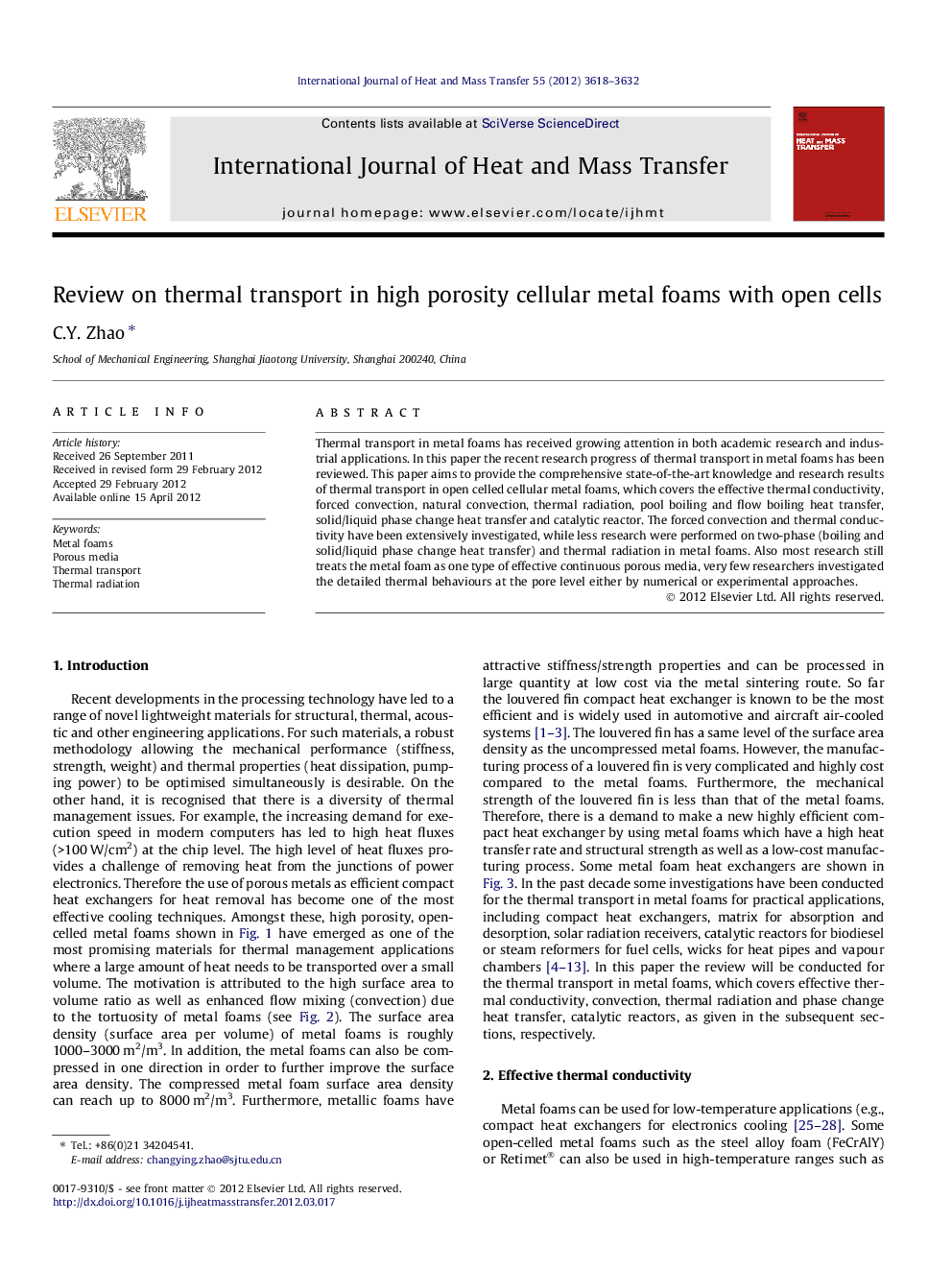 عکس صفحه اول مقاله: Review on thermal transport in high porosity cellular metal foams with open cells Review on thermal transport in high porosity cellular metal foams with open cells