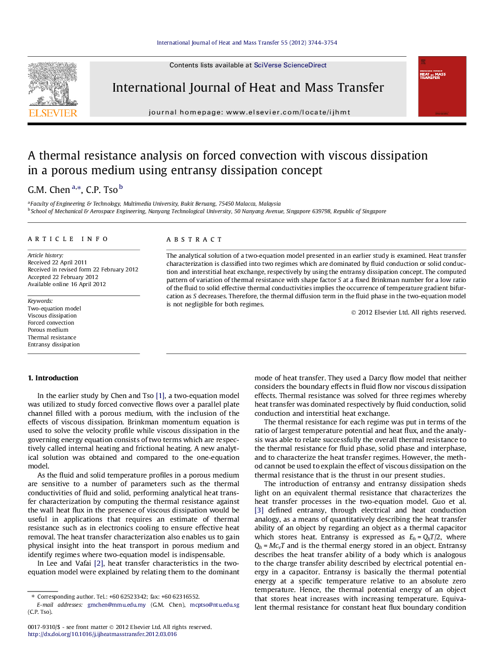 عکس صفحه اول مقاله: A thermal resistance analysis on forced convection with viscous dissipation in a porous medium using entransy dissipation concept A thermal resistance analysis on forced convection with viscous dissipation in a porous medium using entransy dissipation concept