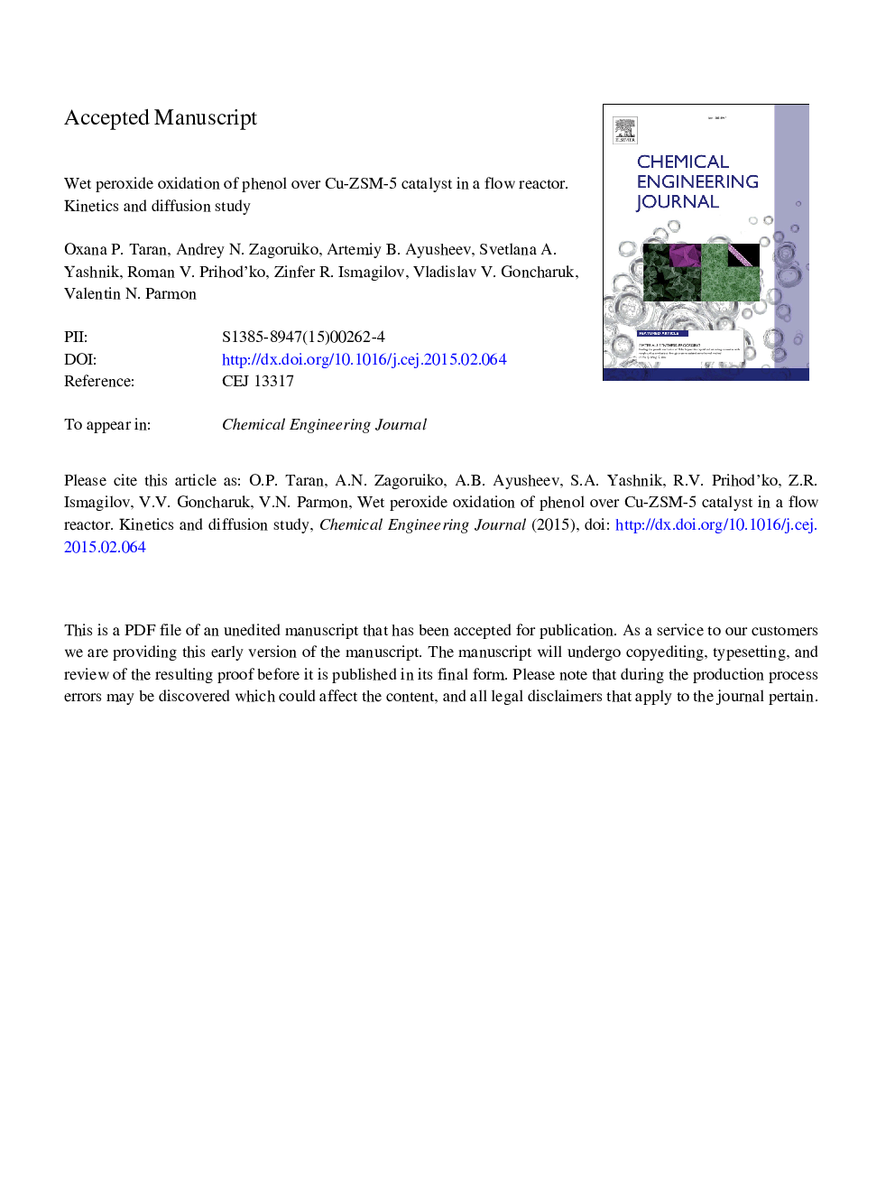 Wet peroxide oxidation of phenol over Cu-ZSM-5 catalyst in a flow reactor. Kinetics and diffusion study