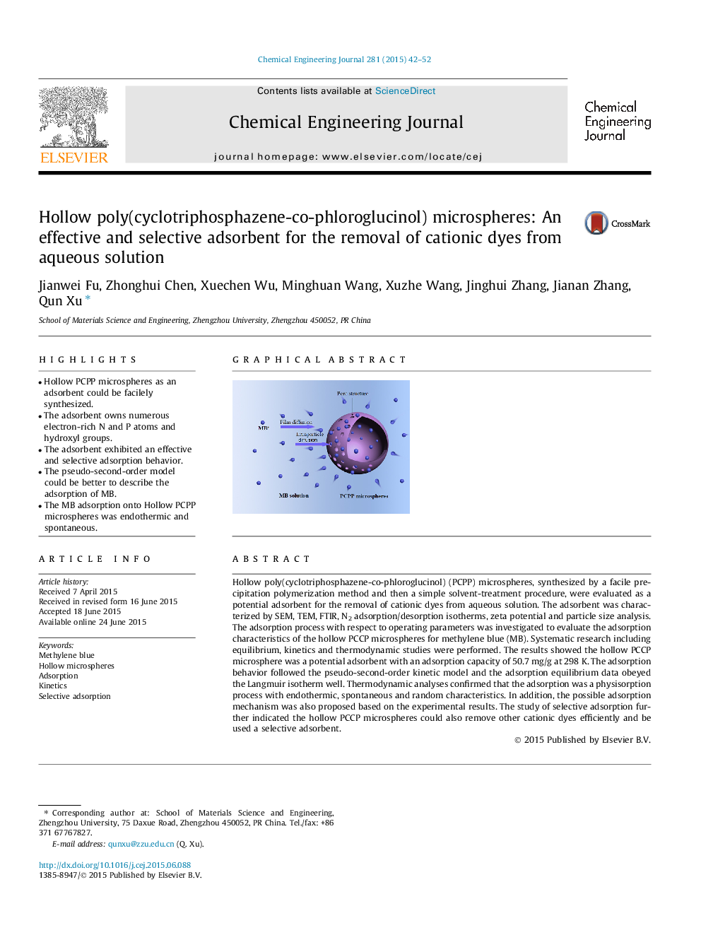 میکروسپرسهای پلی کربنات پلی کربنات (سیکلوتی فریسفسن کافلورگلوکینول): یک جاذب مؤثر و انتخابی برای حذف رنگهای کاتیونی از محلول آبی 