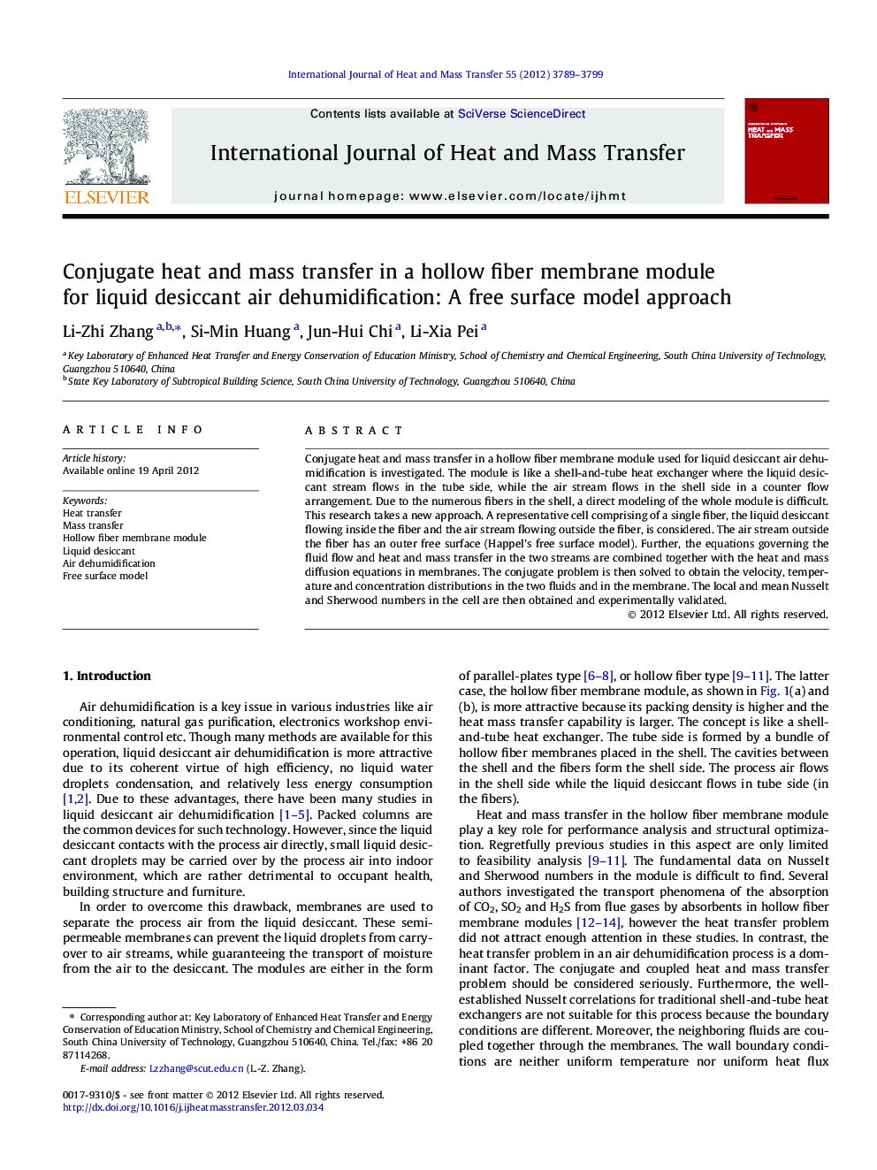 Conjugate heat and mass transfer in a hollow fiber membrane module for liquid desiccant air dehumidification: A free surface model approach