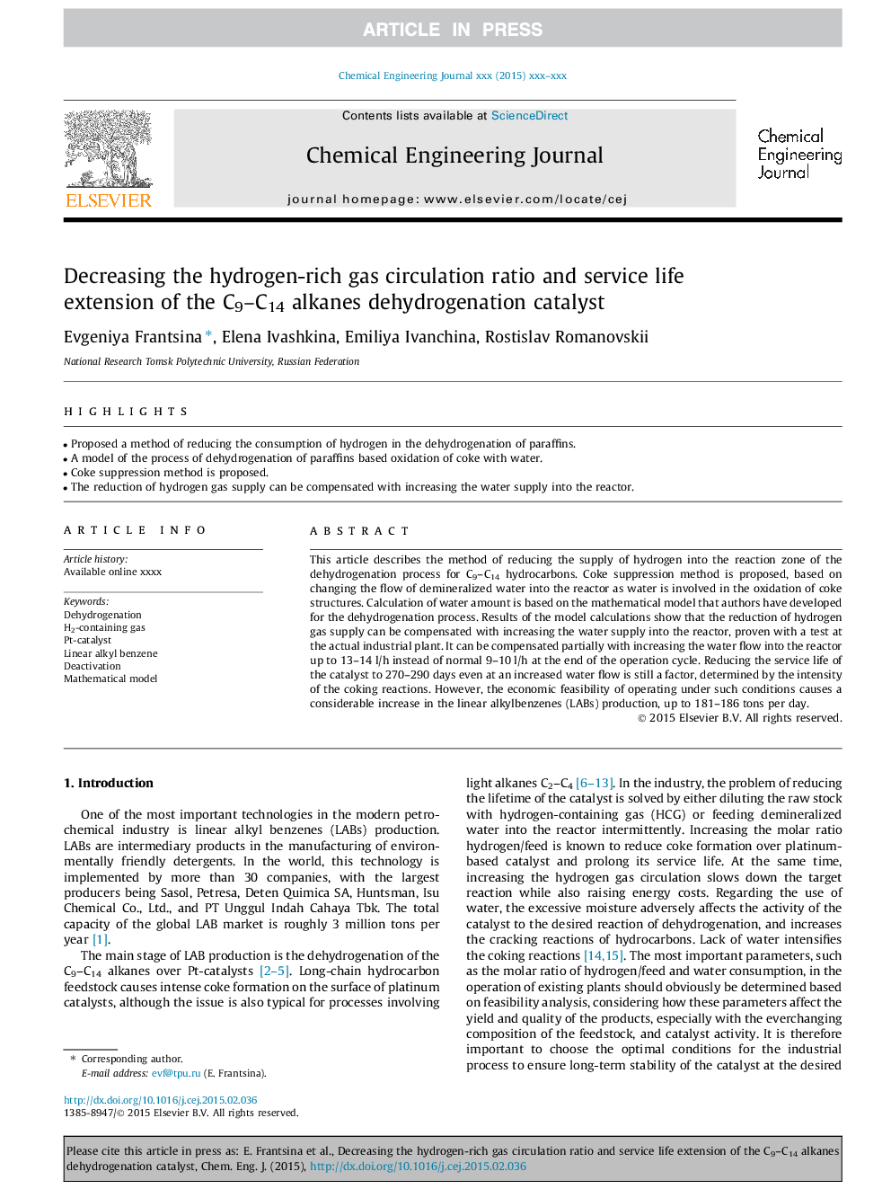 Decreasing the hydrogen-rich gas circulation ratio and service life extension of the C9-C14 alkanes dehydrogenation catalyst