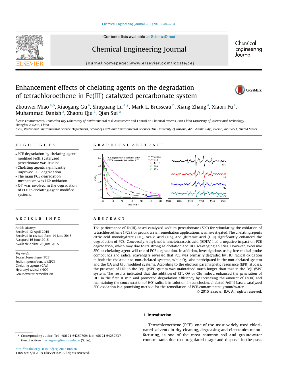 Enhancement effects of chelating agents on the degradation of tetrachloroethene in Fe(III) catalyzed percarbonate system