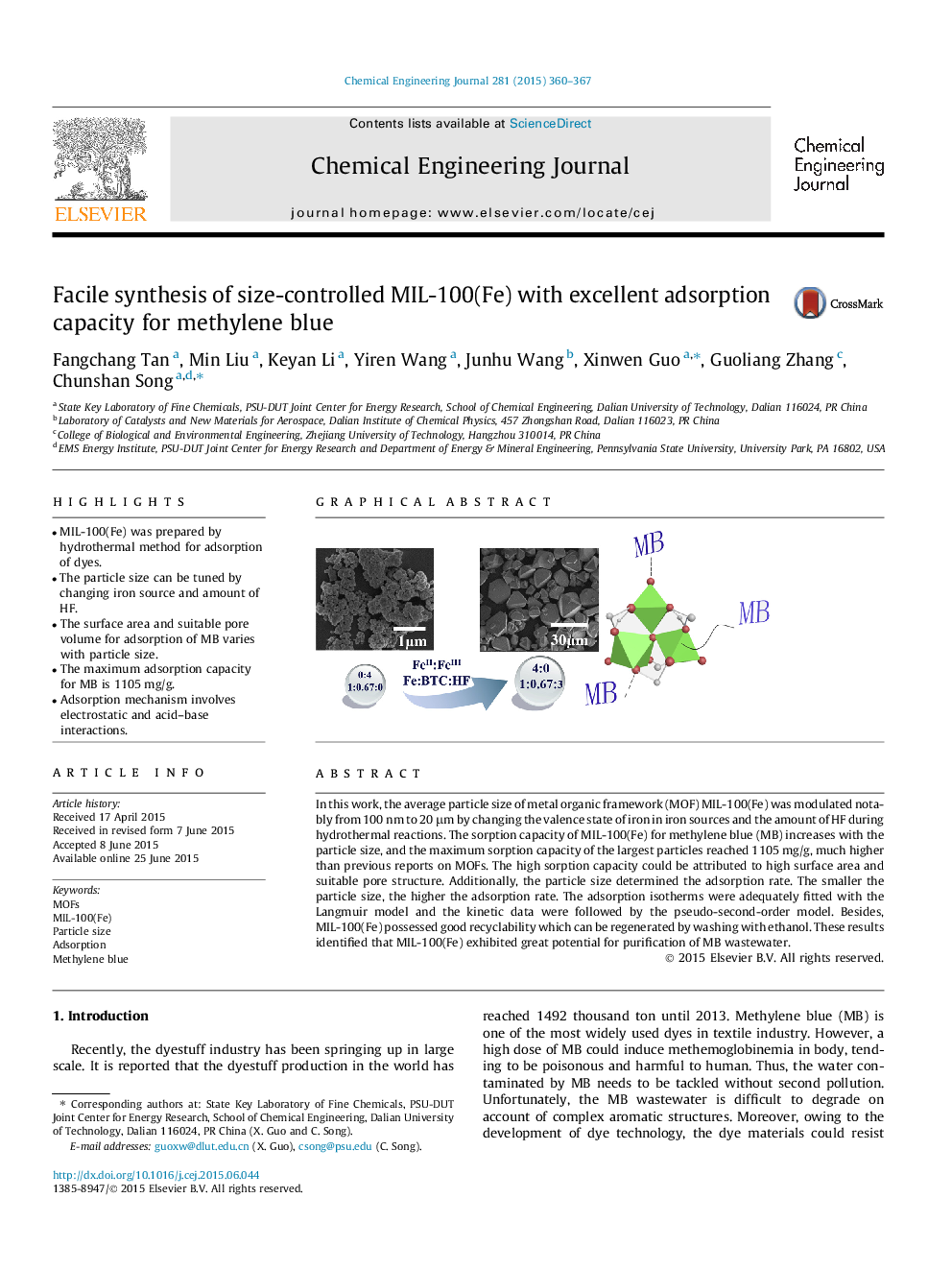 Facile synthesis of size-controlled MIL-100(Fe) with excellent adsorption capacity for methylene blue