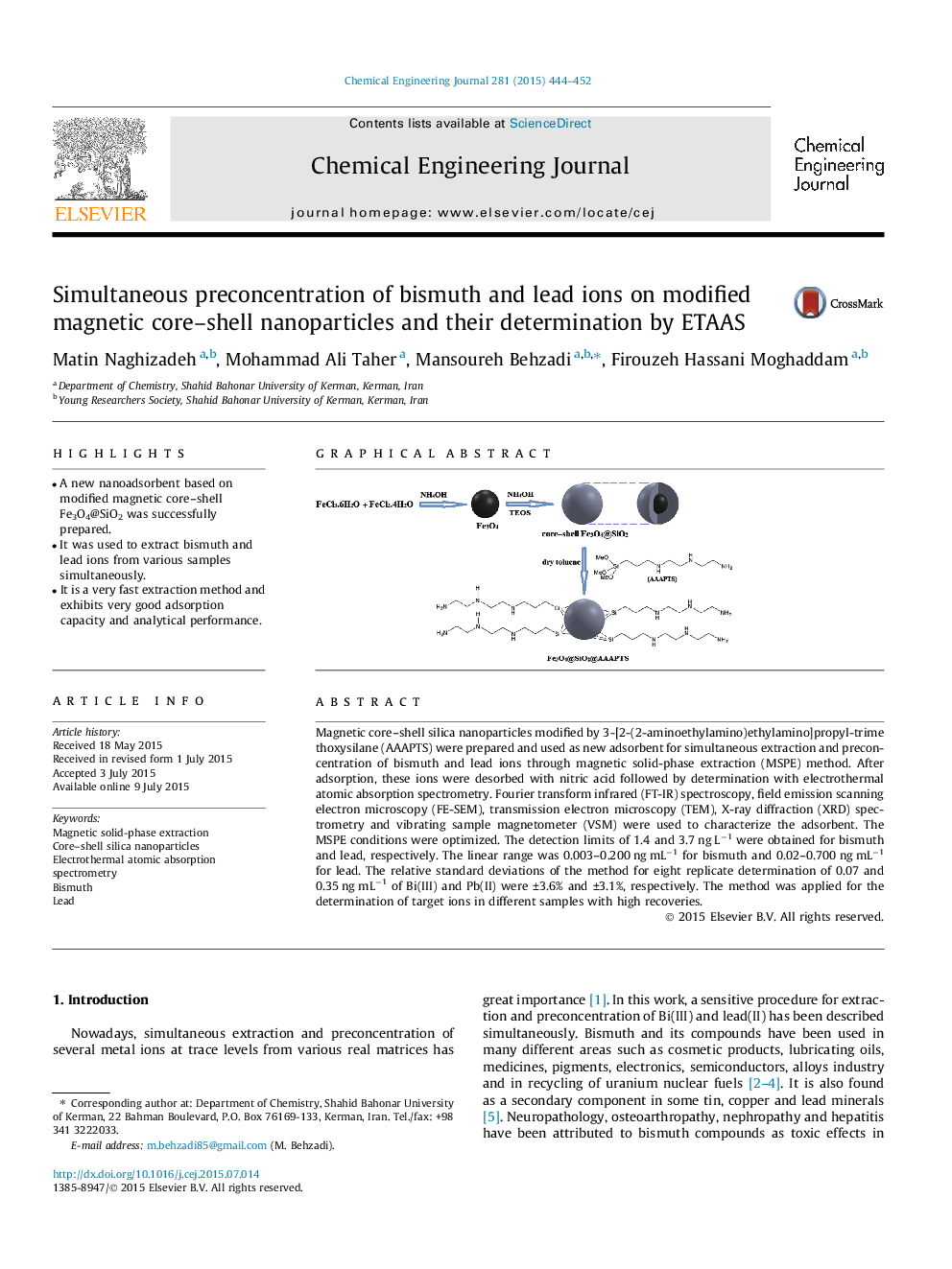 Simultaneous preconcentration of bismuth and lead ions on modified magnetic core-shell nanoparticles and their determination by ETAAS