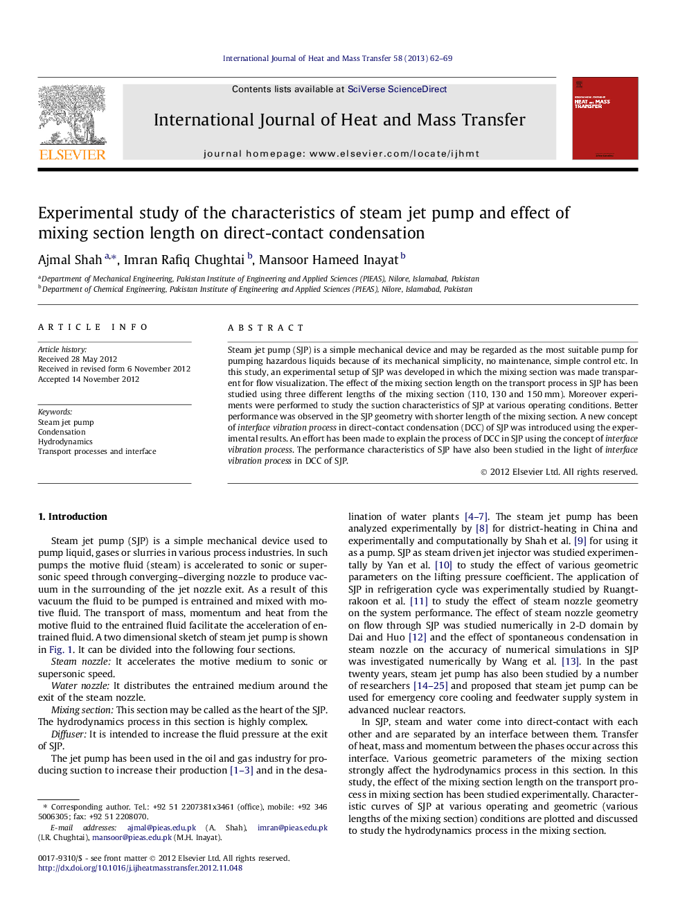 Experimental study of the characteristics of steam jet pump and effect of mixing section length on direct-contact condensation