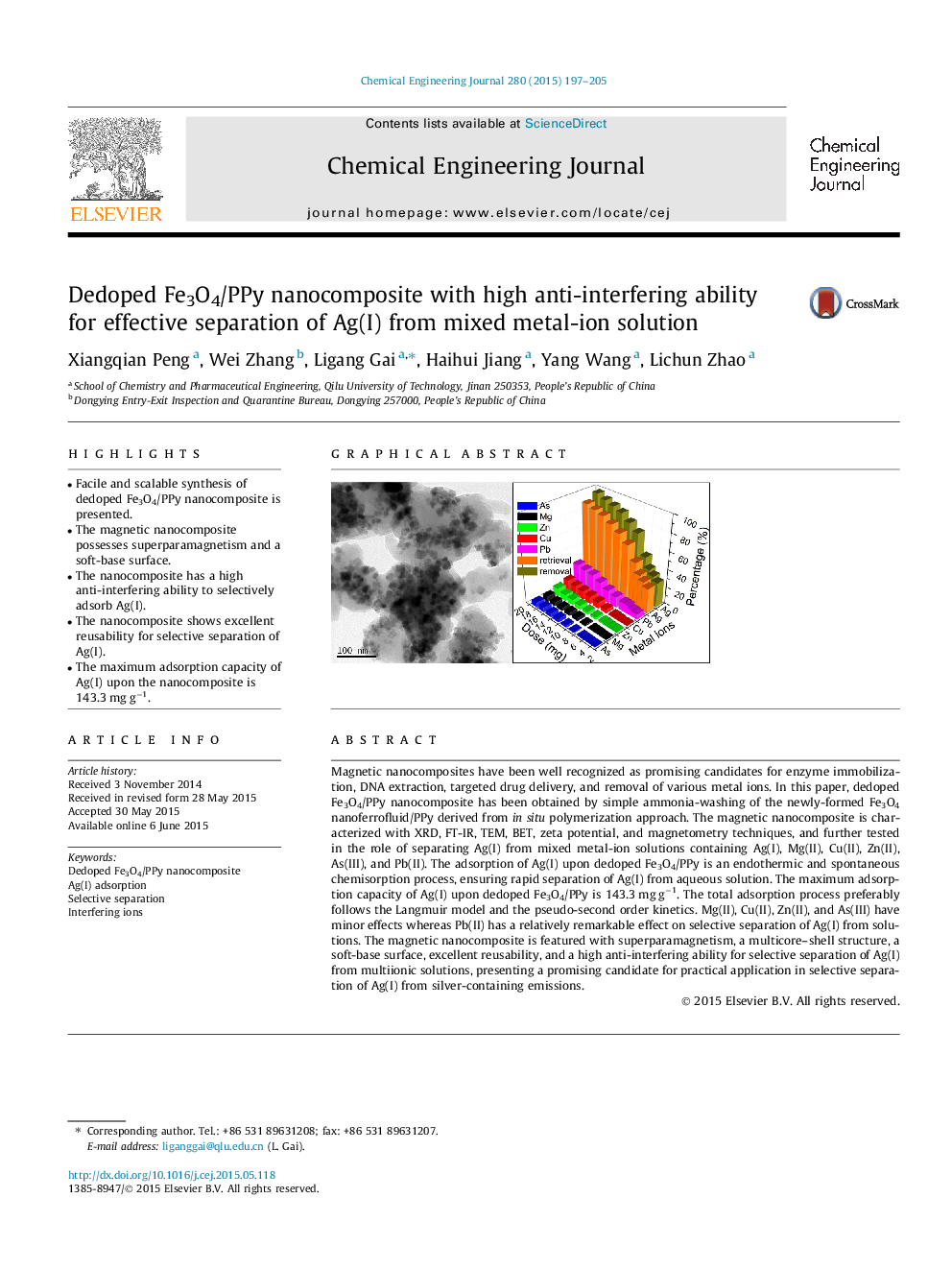 Dedoped Fe3O4/PPy nanocomposite with high anti-interfering ability for effective separation of Ag(I) from mixed metal-ion solution