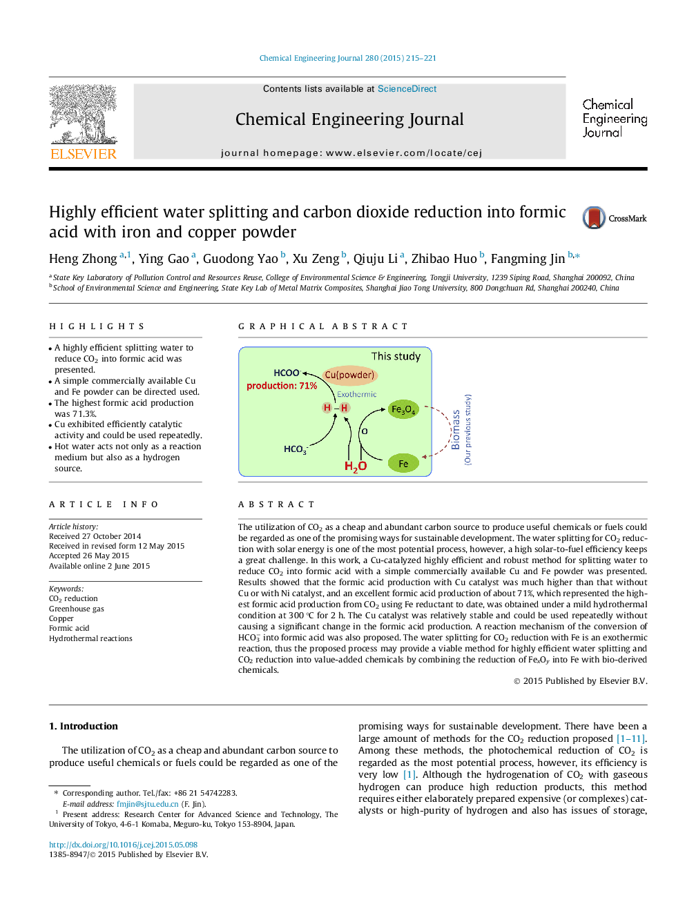 Highly efficient water splitting and carbon dioxide reduction into formic acid with iron and copper powder