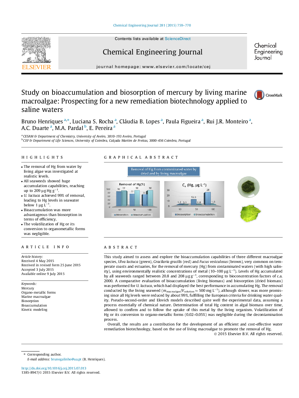 Study on bioaccumulation and biosorption of mercury by living marine macroalgae: Prospecting for a new remediation biotechnology applied to saline waters