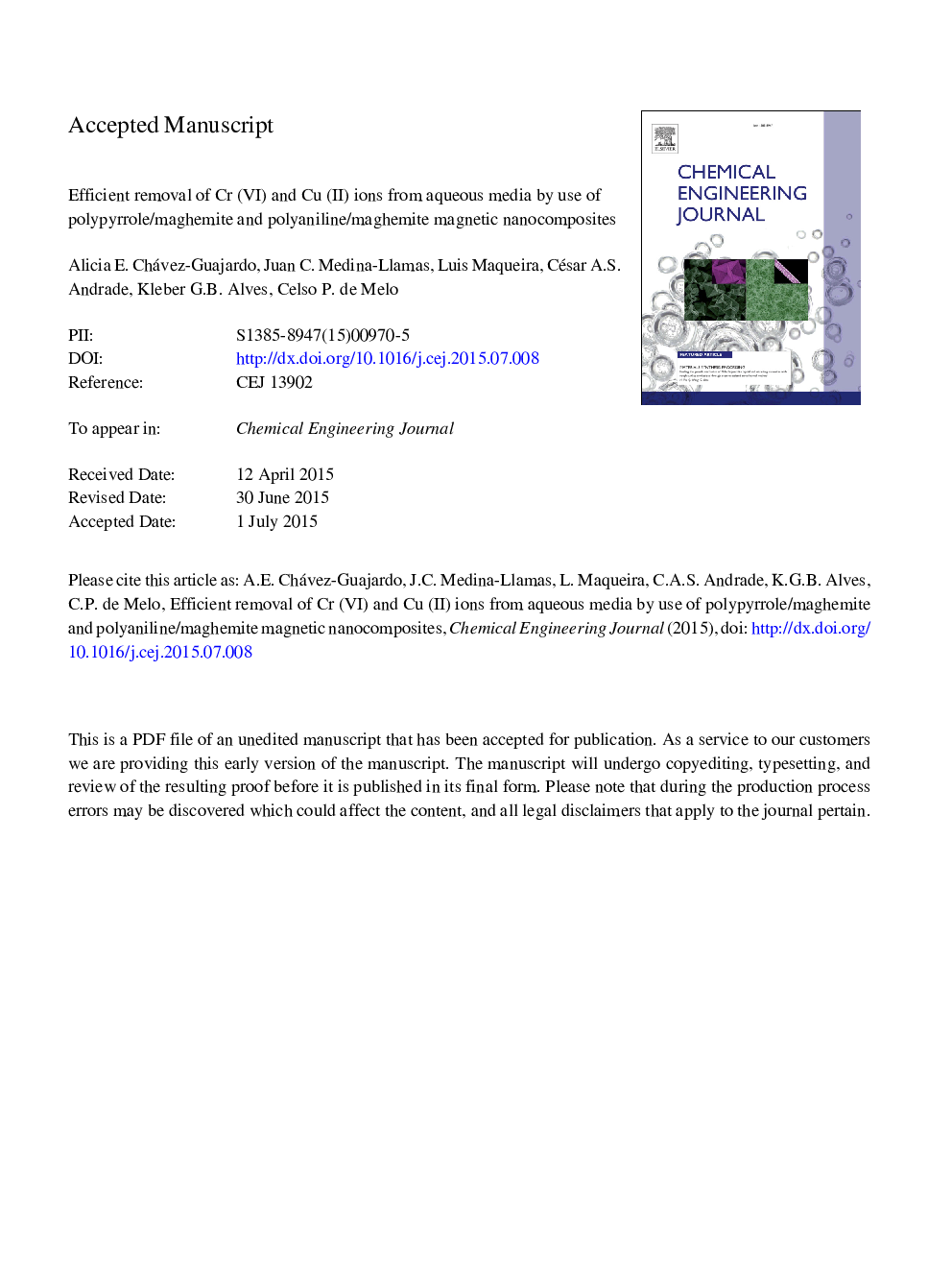 عکس صفحه اول مقاله: Efficient removal of Cr (VI) and Cu (II) ions from aqueous media by use of polypyrrole/maghemite and polyaniline/maghemite magnetic nanocomposites Efficient removal of Cr (VI) and Cu (II) ions from aqueous media by use of polypyrrole/maghemite and polyaniline/maghemite magnetic nanocomposites