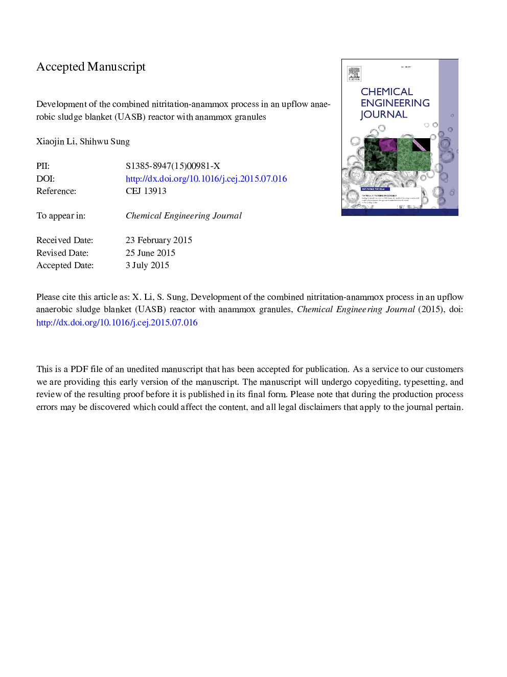 Development of the combined nitritation-anammox process in an upflow anaerobic sludge blanket (UASB) reactor with anammox granules