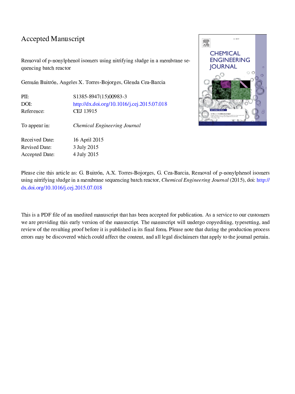 Removal of p-nonylphenol isomers using nitrifying sludge in a membrane sequencing batch reactor