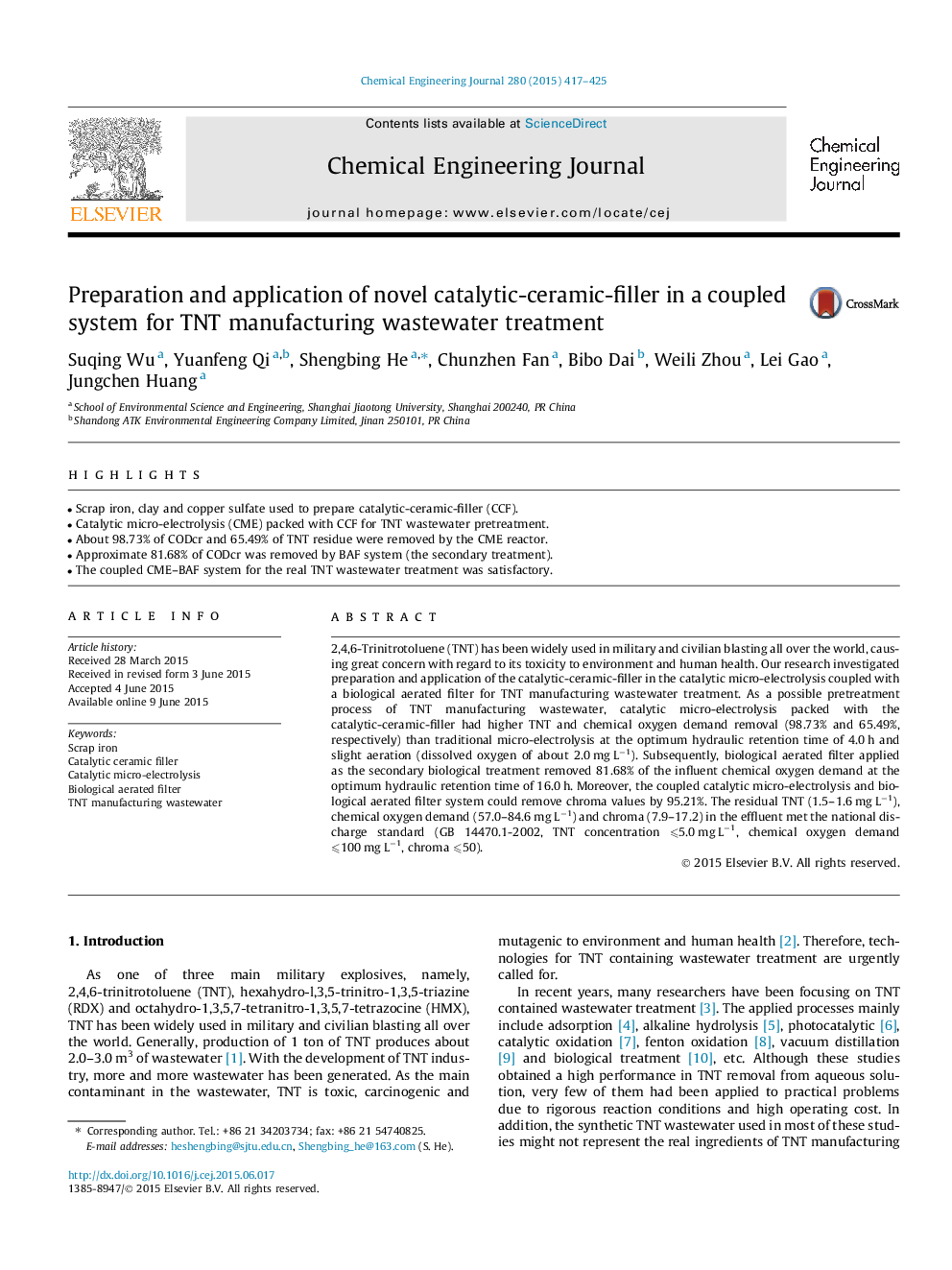 Preparation and application of novel catalytic-ceramic-filler in a coupled system for TNT manufacturing wastewater treatment