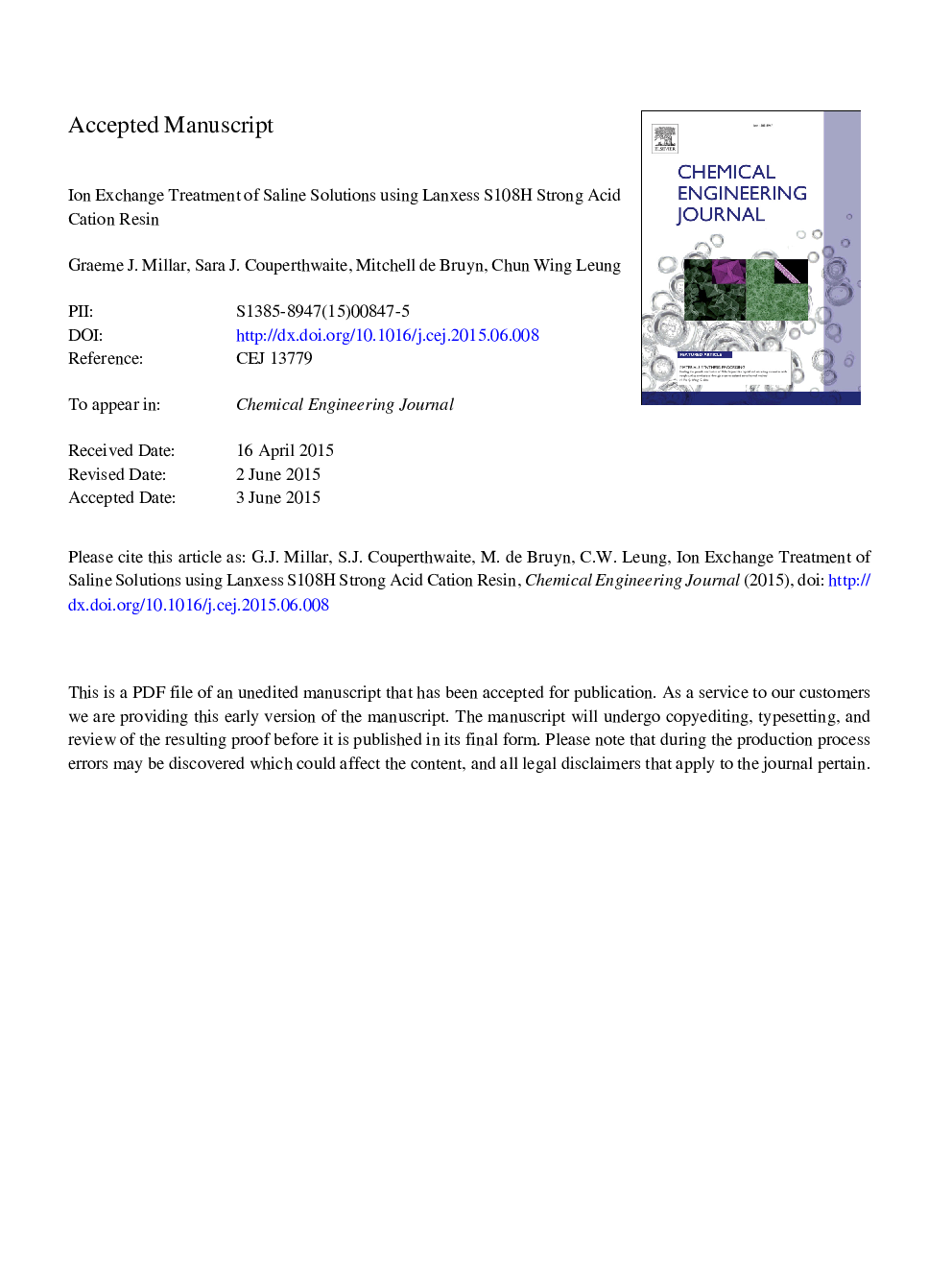 Ion exchange treatment of saline solutions using Lanxess S108H strong acid cation resin