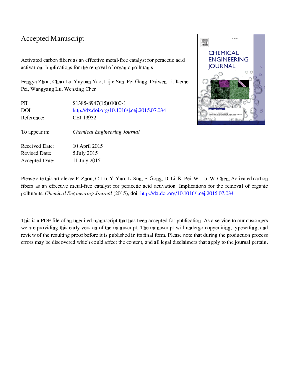 Activated carbon fibers as an effective metal-free catalyst for peracetic acid activation: Implications for the removal of organic pollutants