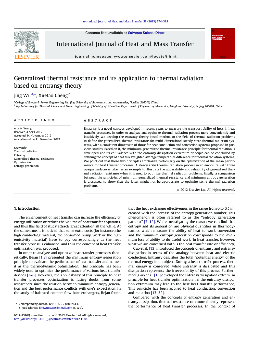 Generalized thermal resistance and its application to thermal radiation based on entransy theory