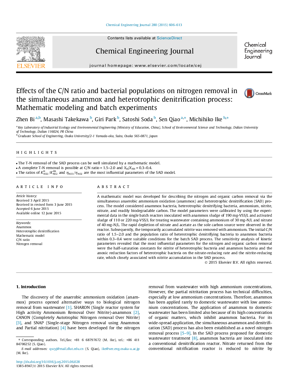 Effects of the C/N ratio and bacterial populations on nitrogen removal in the simultaneous anammox and heterotrophic denitrification process: Mathematic modeling and batch experiments