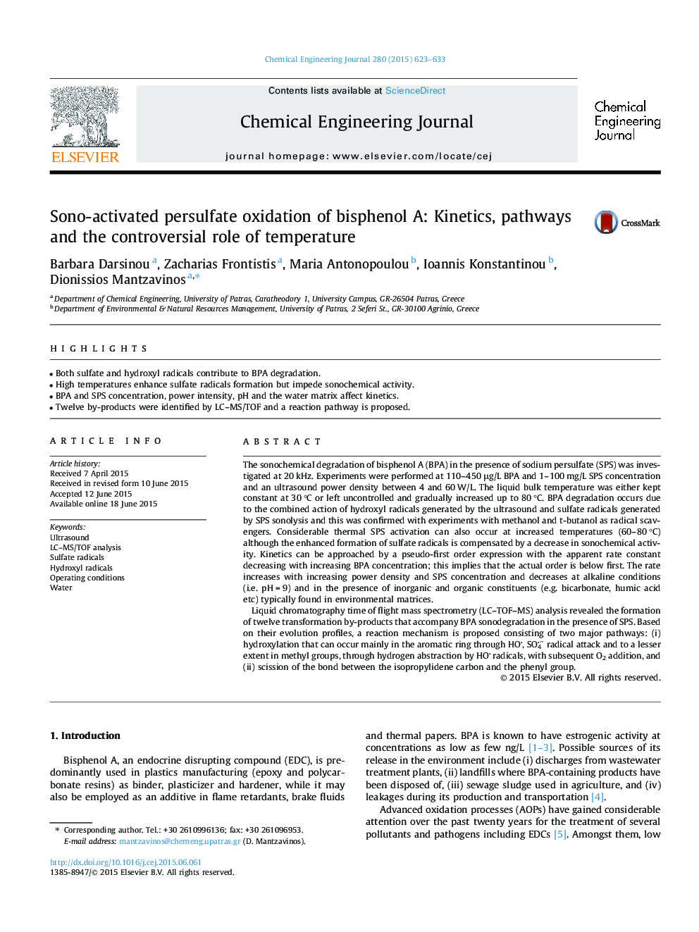 Sono-activated persulfate oxidation of bisphenol A: Kinetics, pathways and the controversial role of temperature