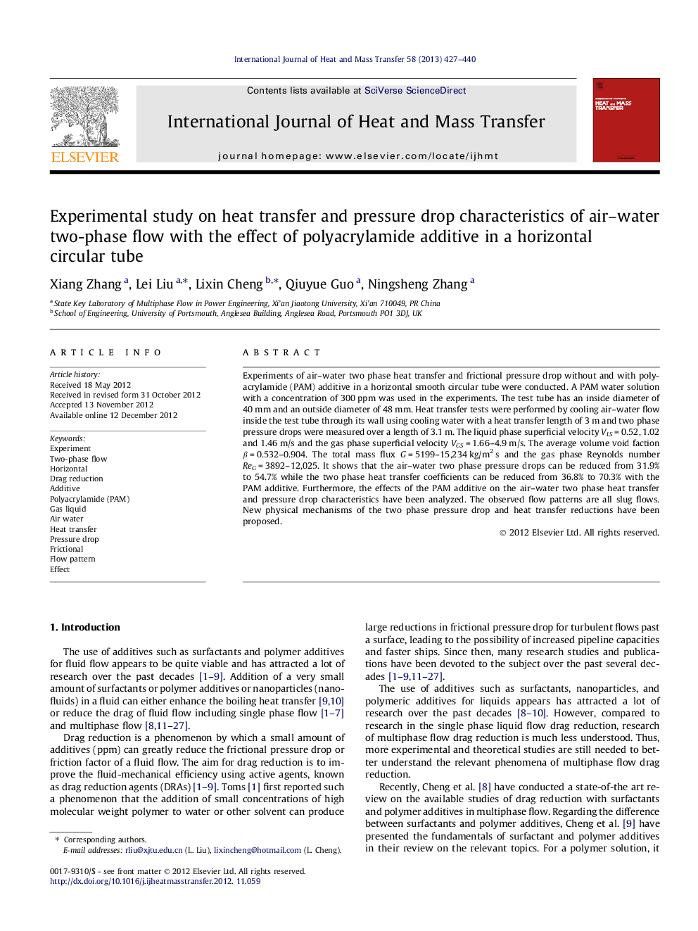 Experimental study on heat transfer and pressure drop characteristics of air–water two-phase flow with the effect of polyacrylamide additive in a horizontal circular tube