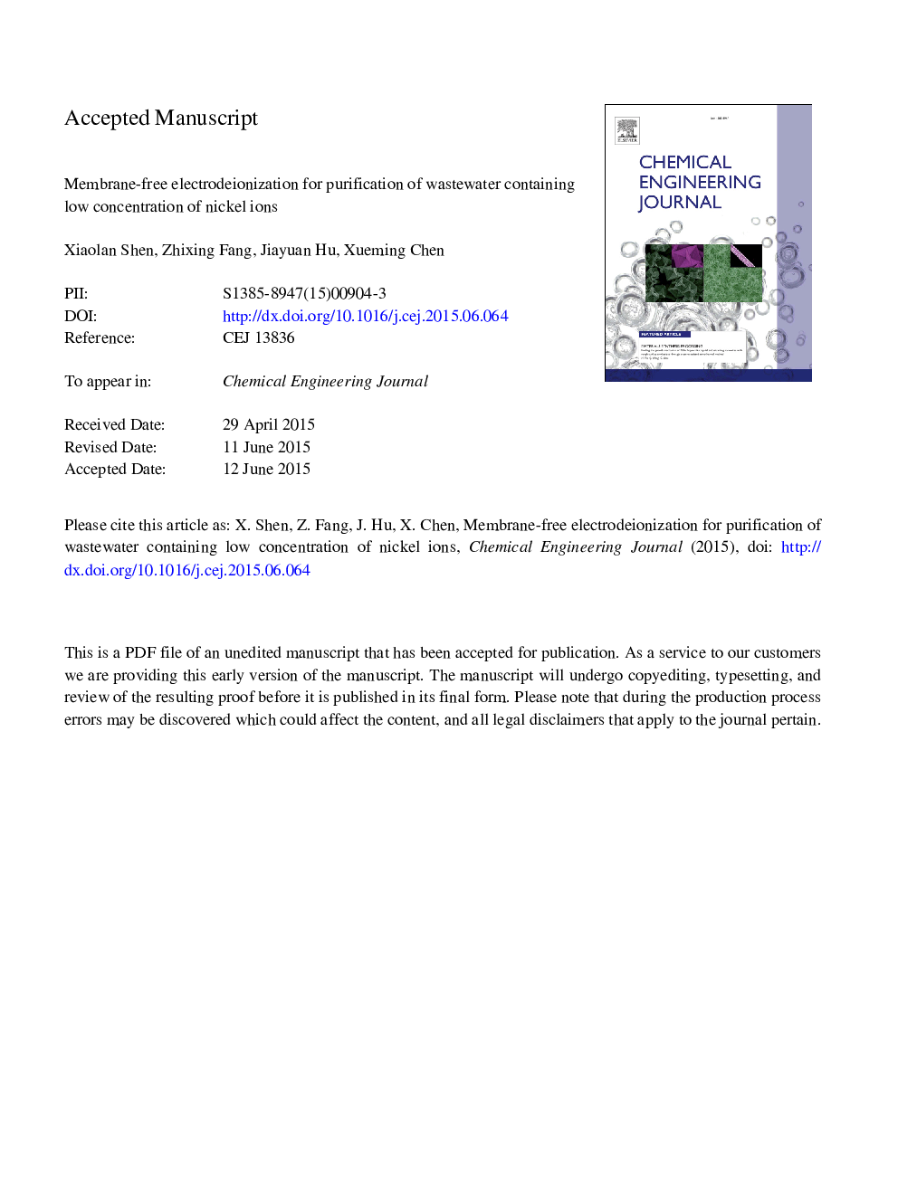 Membrane-free electrodeionization for purification of wastewater containing low concentration of nickel ions