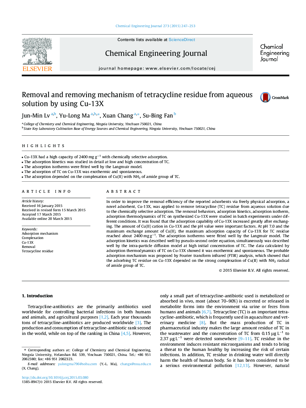 Removal and removing mechanism of tetracycline residue from aqueous solution by using Cu-13X