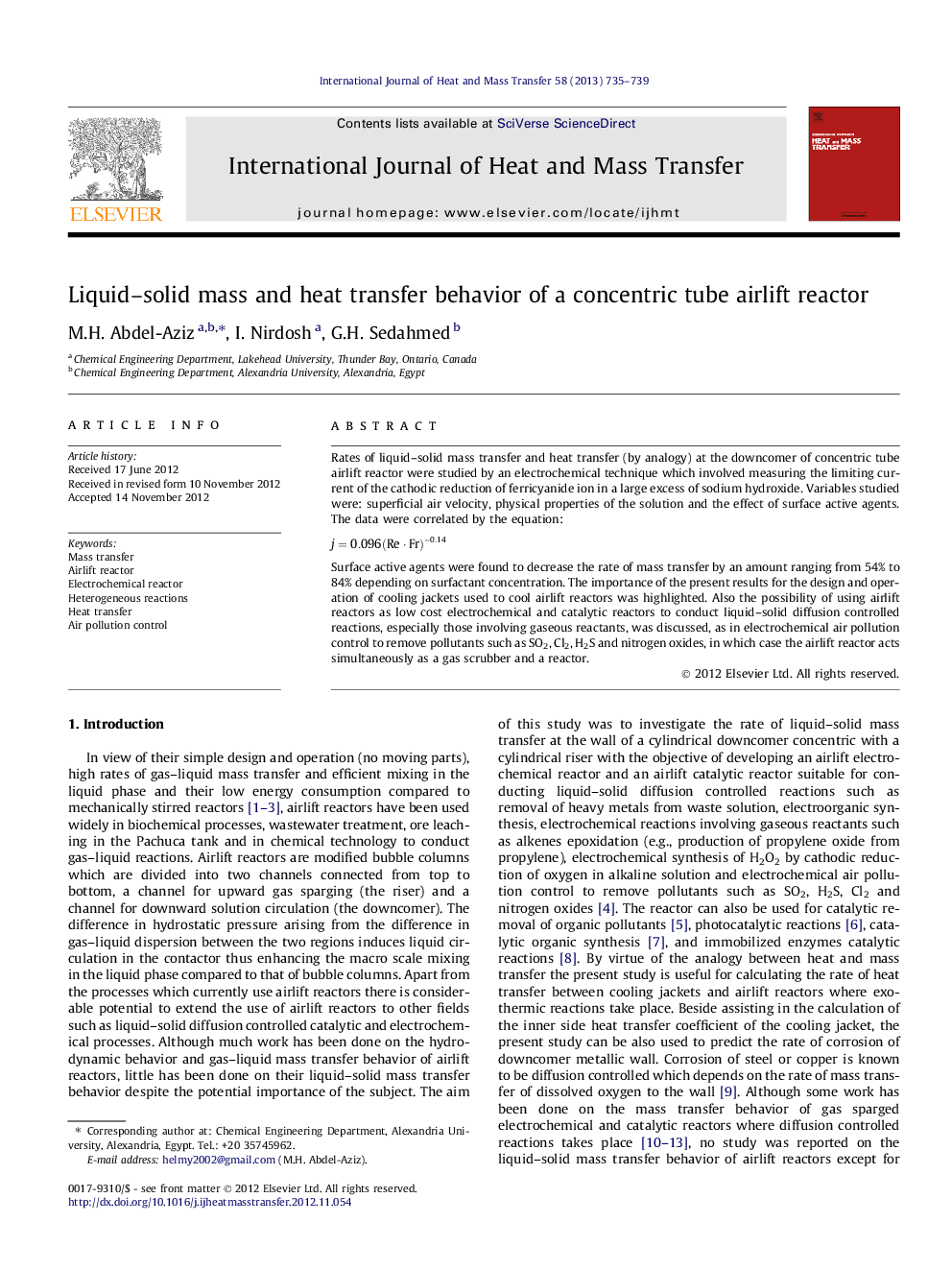 عکس صفحه اول مقاله: Liquid–solid mass and heat transfer behavior of a concentric tube airlift reactor Liquid–solid mass and heat transfer behavior of a concentric tube airlift reactor